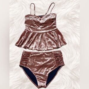 RAD Swim Velvet High Waisted Bikini Set Peplum Top Pinup Shiny Retro Glam M